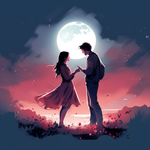 Adorable couple proposing under a moonlit sky