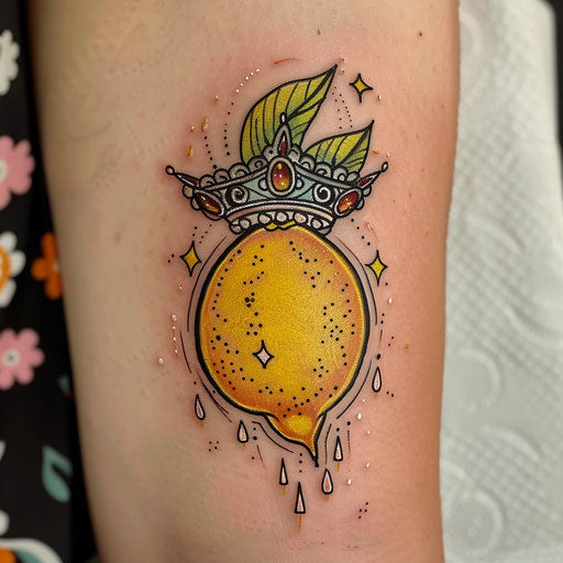 Flat tattoo sketch of a lemon with fairy-tale style crown