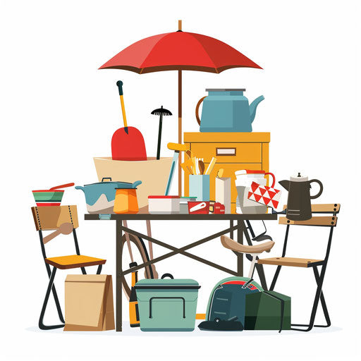 Yard sale clip art in photo realistic style on flat white background