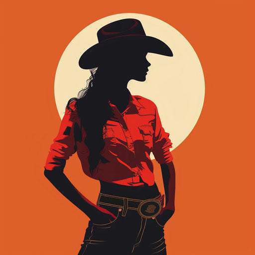 Realistic cowgirl clipart on a flat sunset orange background