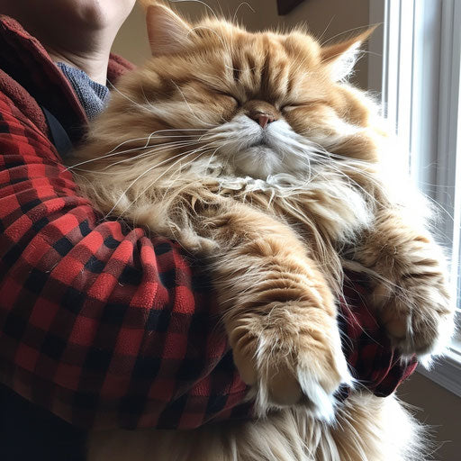 Fat cat held by its owner
