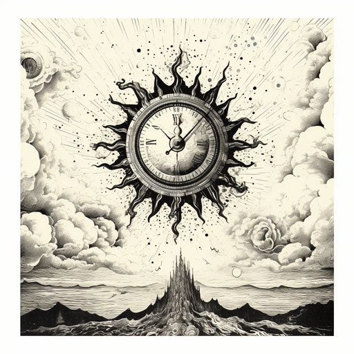 Artistic print in black and white of a sun on the surface