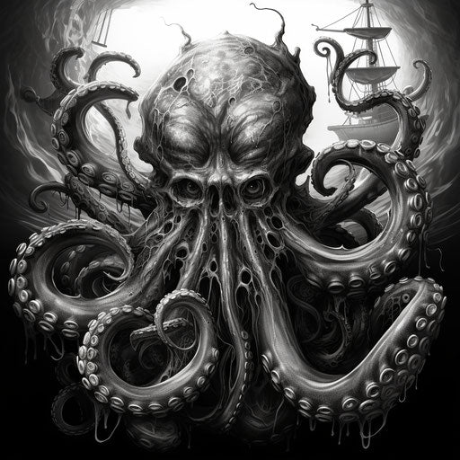 Pirate octopus, detailed political illustration in monotone