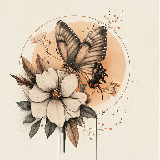 Beautiful flat tattoo sketch for women: butterfly and flowers