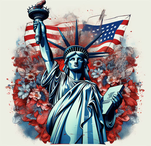 Liberty in T-shirt holding American flag and American tattoo
