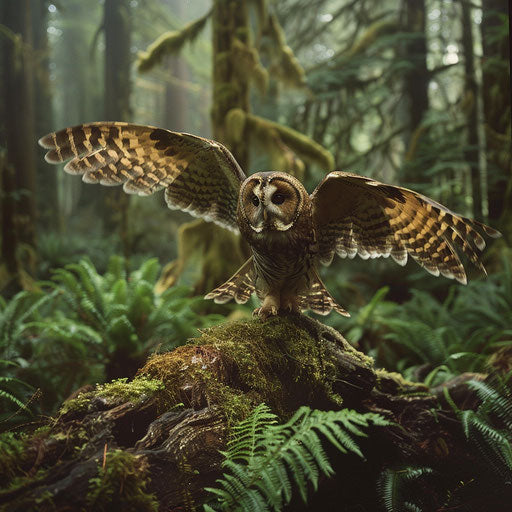 Majestic northern spotted owl ready for takeoff