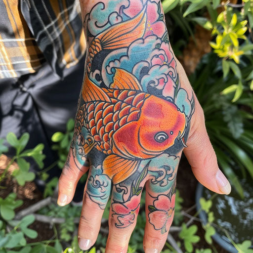 Hand tattoo of a koi fish, in the style of Ami James