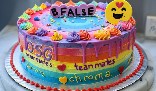Rainbow cake with emoji and words LOL, BFALSE