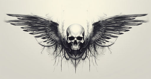 Black and white illustration of a skull with wings