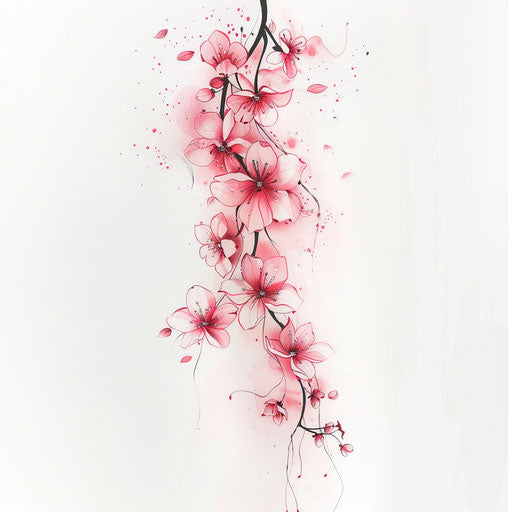 Unalome tattoo with cherry blossom theme on white background
