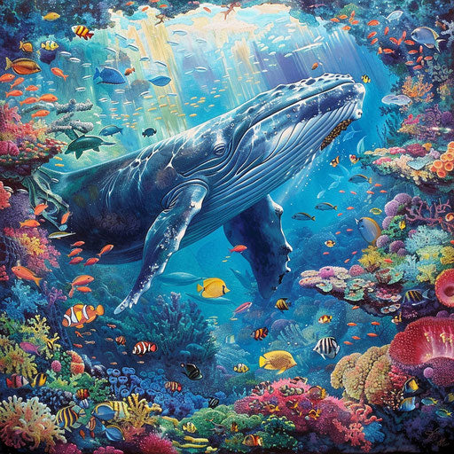 Blue whale swimming in a vibrant coral reef