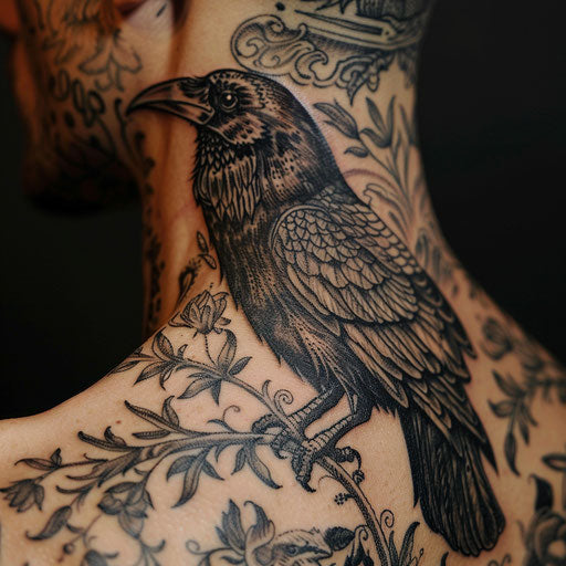 Gothic raven tattoo on the back of the neck