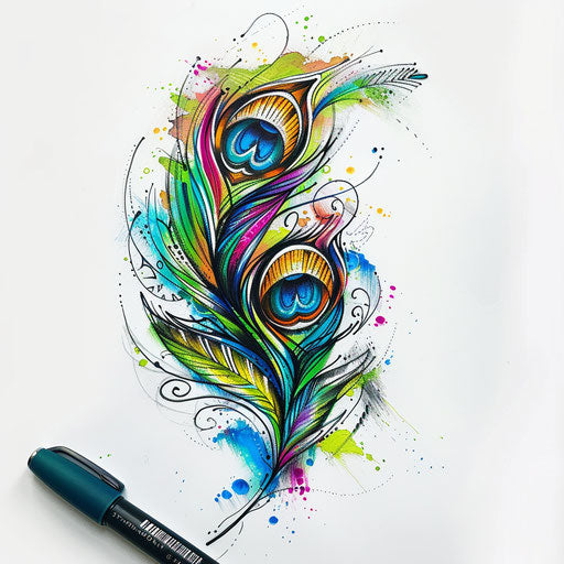 Graffiti-style peacock feather tattoo sketch with bright neon colors