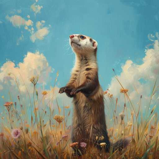 A ferret standing on its hind legs in a meadow