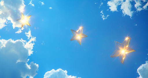 Three stars on a blue sky with clouds, in the style of #screenshotsaturday, gold leaf, toonami, sparse and simple, sparklecore, composed 19:10