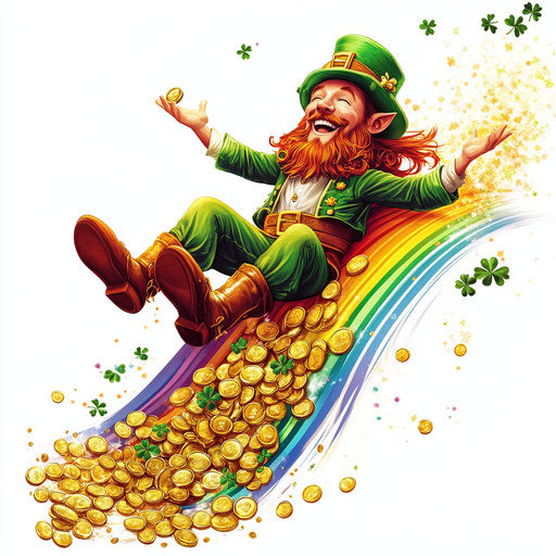 St. Patrick's Day, Leprechaun sliding down a rainbow with gold coins and shamrocks