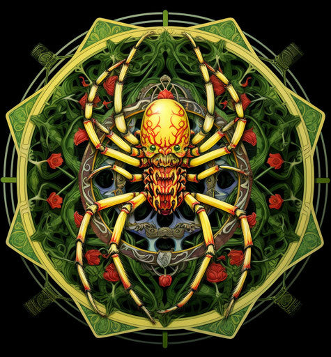 Tattoo logo for spider, cloisonnism style, light yellow and emerald, abundant symbolism, Moche art, alchemical symbolism