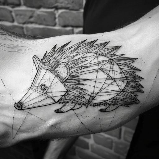 Contemporary tattoo sketch of a hedgehog with a minimalist aesthetic and bold outlines