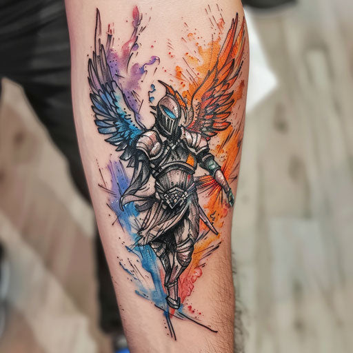 Celestial warrior guardian angel tattoo with fiery wings
