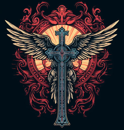 Christian cross with wings and tribal symbol, woodcut and linocut style