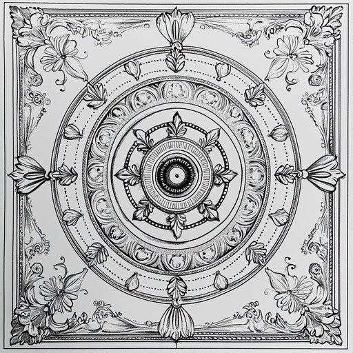 Rangoli with precise and architectural elements, in the style of Stephen Wiltshire, Coloring book page