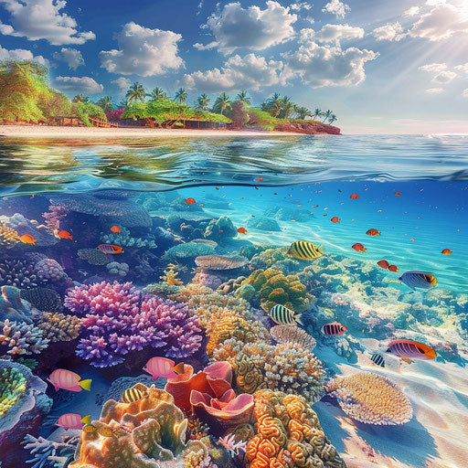 Sandy beach with vibrant coral reefs and colorful fish