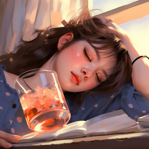 Sleeping girl with glass of water, light pink and dark brown style