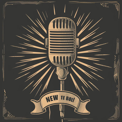 Classic microphone surrounded by sound waves with a ribbon