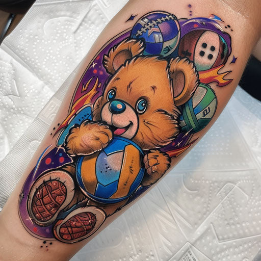 Sporty teddy bear tattoo with vibrant team colors