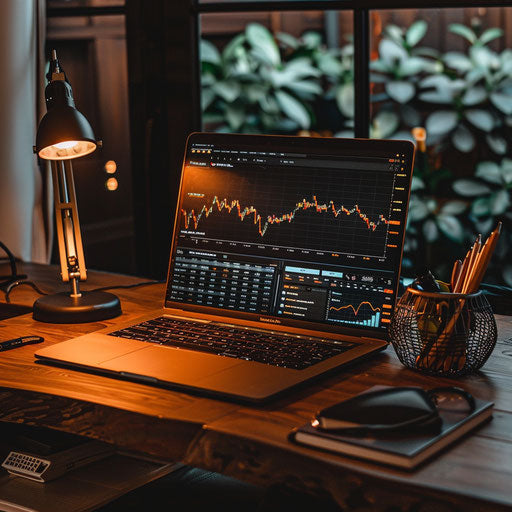 Financial compositions with graphs and charts illuminating a trader's desk.