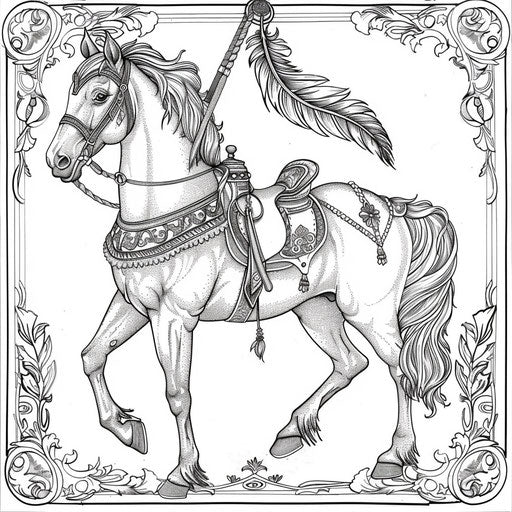 Playful circus horse with decorated saddle and plume coloring book page