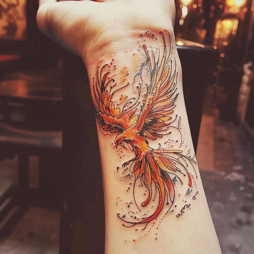 Phoenix wrist tattoo in the style of David Palumbo