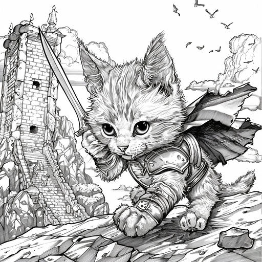 Heroic kitten in an epic adventure scene