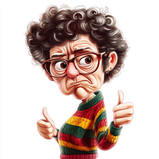 Humorous caricature of an aunt with exaggerated pointed nose