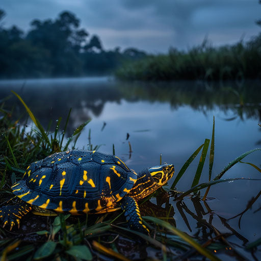 Yellow spotted turtle in the first light of dawn on misty bank
