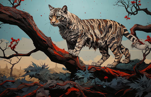 A cat walking on a tree, jagged edges style, explosive pigmentation