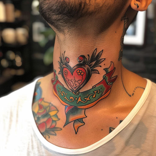 Neck tattoo of a heart and banner, Ed Hardy style