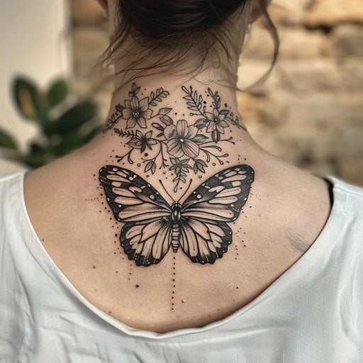 Butterfly neck tattoo with botanical details