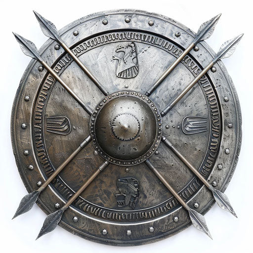 Ancient Spartan shield surrounded by crossed spears