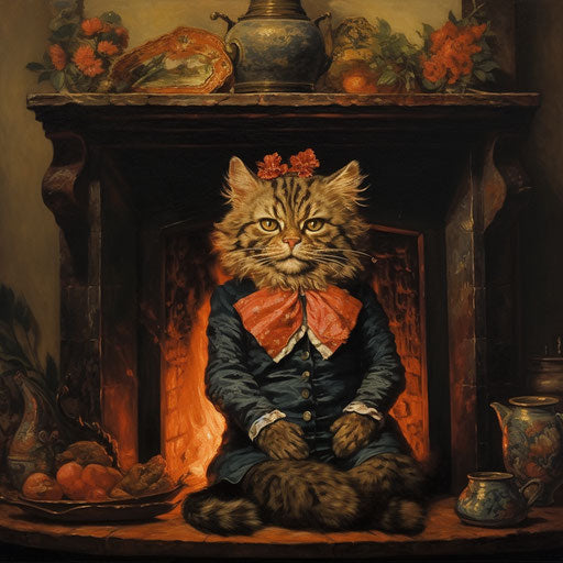 Cat in front of a fire in a fireplace