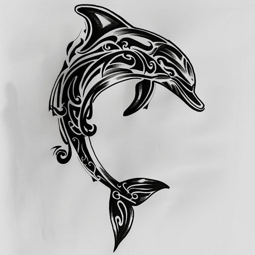 Bold black tribal dolphin tattoo on white background