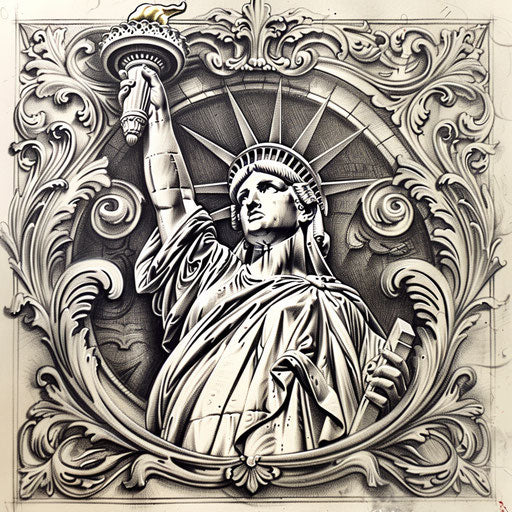 Baroque inspired tattoo sketch of the Statue of Liberty