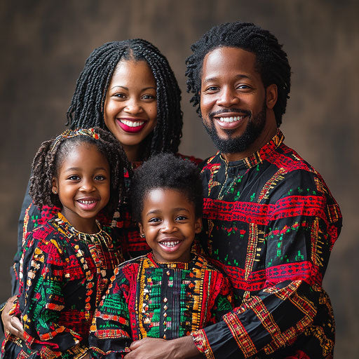 Warm family portrait in matching Kwanzaa attire