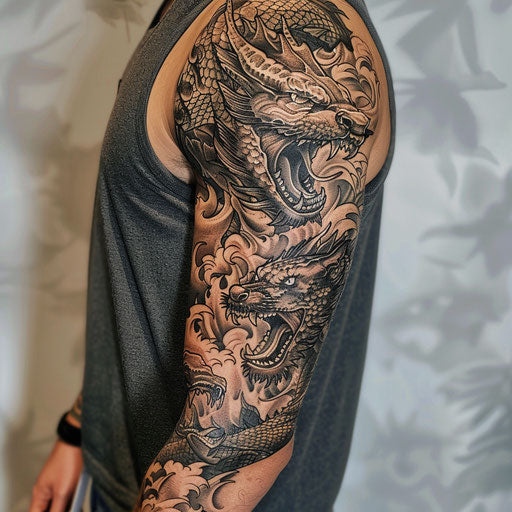 Mythical beast arm tattoo in the style of Glenn Fabry