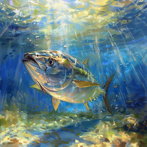 Yellowfin tuna in a crystal-clear lagoon with sunbeams