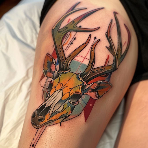 Neo-traditional deer skull tattoo with bold lines and colors