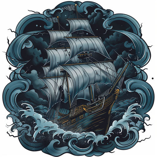 Eerie tattoo sketch of a ship sailing in stormy seas