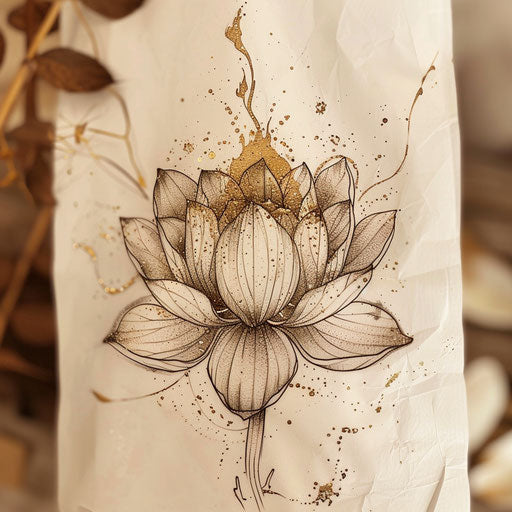 Elegant sparkly tattoo sketch of a lotus flower with gold-glittered petals