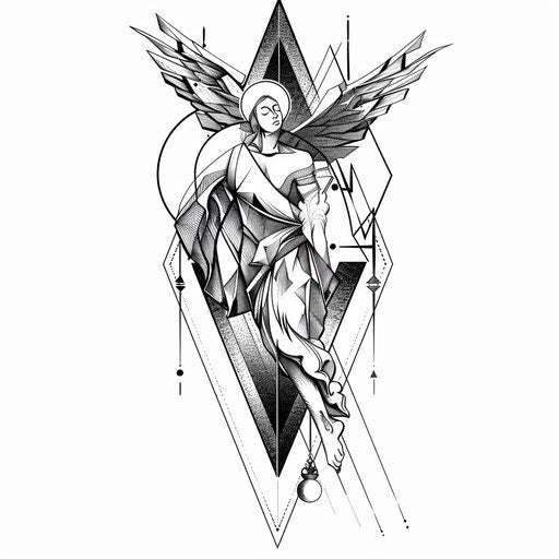 Art Deco-inspired guardian angel tattoo on white background