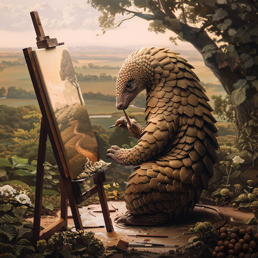 A pangolin artist painting a beautiful landscape on a canvas